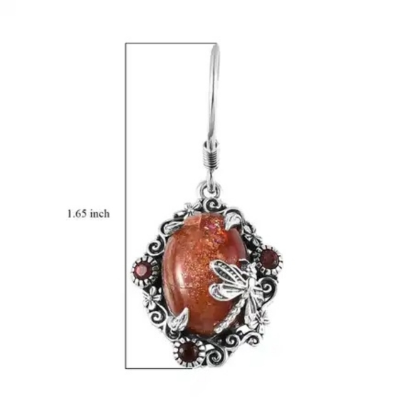 NWT SRI LANKAN SUNSTONE & GARNET DRAGONFLY EARRINGS IN STERLING SILVER 13.00 CTW